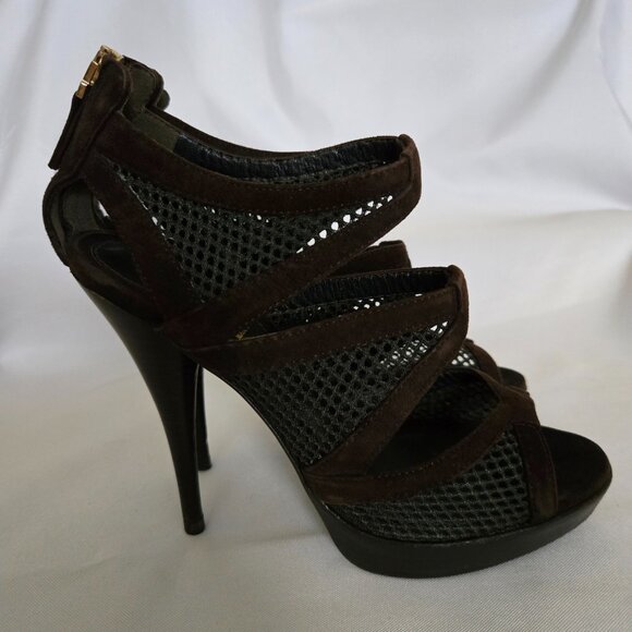 Fendi Sandalo Camoscio Rete Nylon Suede Mesh Heels Brown SZ 36.5 (6.5) - Picture 6 of 14